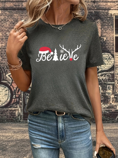 Santa Hat and Letter Print T-Shirt: A Festive and Stylish Casual Top for Spring/Summer Women's Clothing