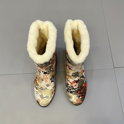 Stay Cozy with Stylish Floral Patterned Mid-Calf Snow Boots: Warm and Comfortable Chunky Outdoor Sneakers for Women