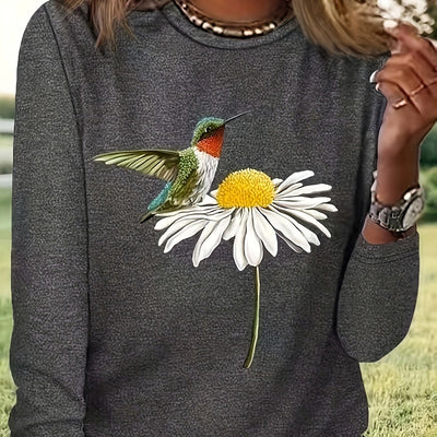 Whimsical Bird and Flower Print Crew Neck T-Shirt: A Perfect Casual Long Sleeve for Spring-Fall