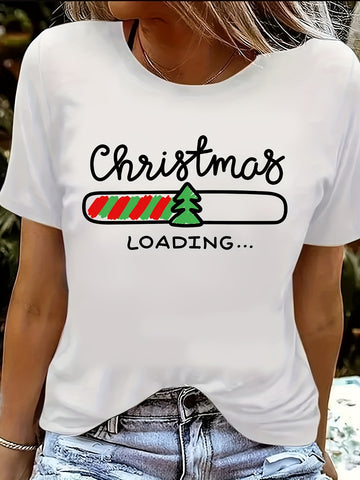 Festive Christmas Loading Print Tee: A Casual and Stylish Short Sleeve Crew Neck T-shirt for Women's Clothing