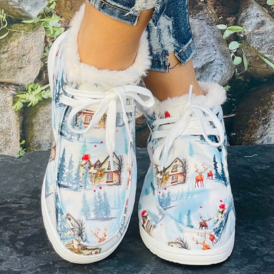 Warm and Cozy: Women's Cute Cartoon Print Snow Shoes with Non-Slip Sole for a Festive Christmas Season