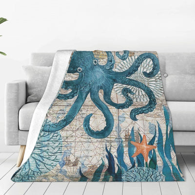 Retro Octopus Pattern Blanket, Old Map & Ocean Blanket, Octopus Lover Blanket