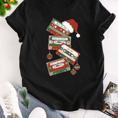 Festive Vibes: Christmas Hat Radio Tape Print T-Shirt - The Perfect Casual Top for Spring/Summer Women's Clothing