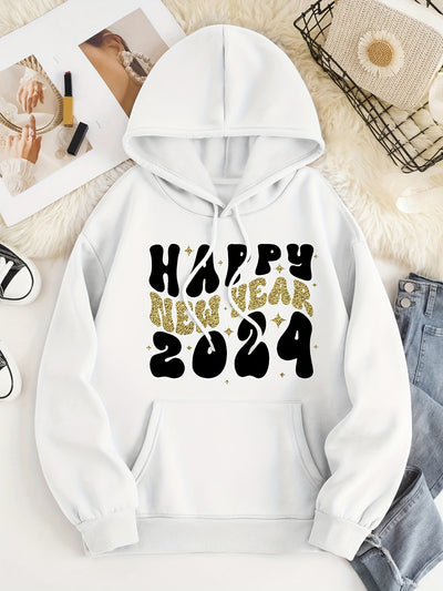 Happy New Year 2024 Print Hoodie: Trendy and Stylish Women's Casual Pocket Long Sleeve Drawstring Hoodie