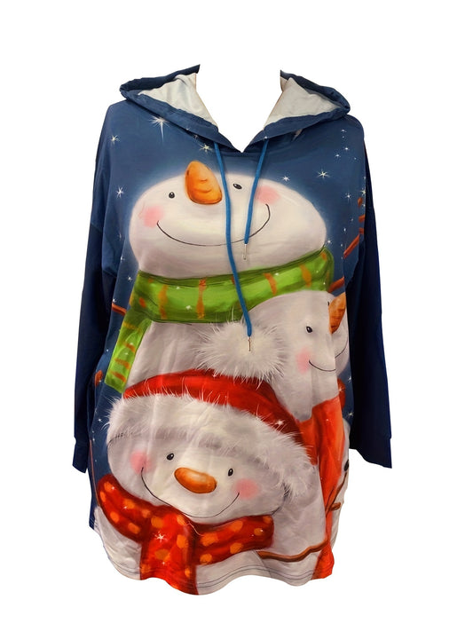 Snowman Delight: Plus Size Women's Christmas Hoodie with Hooded Drawstring and Pockets