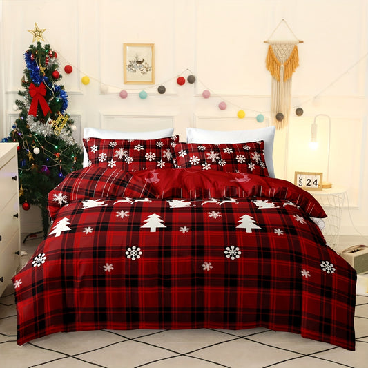 Give your bedroom a festive makeover with this Christmas themed checkered duvet cover set. Featuring an intricately designed elk and snowflake motif; this polyester and cotton blend set includes a duvet cover and two pillowcases to bring joy to your bedroom. Durable and machine washable, this cover set is perfect for the holiday season.