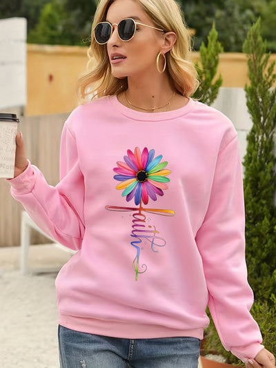 Faith & Colorfull Flower Print Sweatshirt, Casual Long Sleeve Crew Neck Sweatshirt For Fall & Winter, Women's Clothing