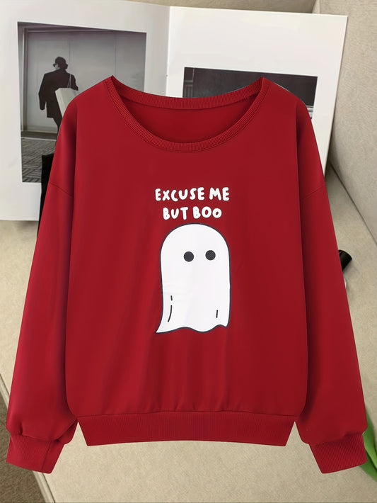 Stay comfortable while looking stylish with this Cute Ghost Letter Print Plus Size Sweatshirt. Featuring a relaxed fit with a flattering cut, this top provides the perfect amount of warmth for days that aren't too hot or too cold. Offering UPF protection and breathability, it is perfect for any occasion.