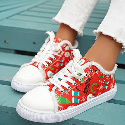 Festive Footwear: Women's Christmas Print Canvas Shoes – Casual Lace-up Outdoor Shoes Lightweight Low-top Sneakers