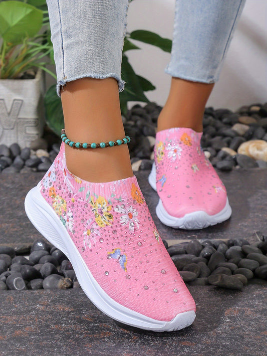 Stylish and Comfortable: Women's Floral Rhinestone Decor Sneakers - Slip-On, Lightweight Casual Shoes