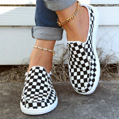 Fashionable Checkerboard Women's Canvas Slip-On Loafers - Lightweight, Comfortable, and Stylish