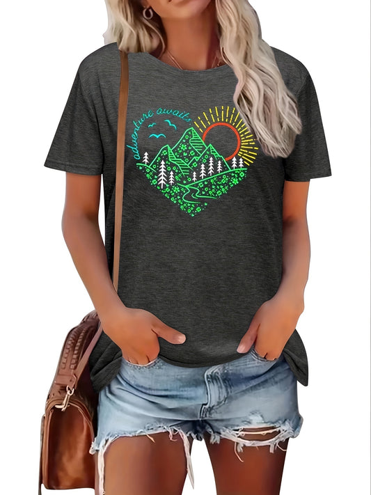 This Landscape Heart Print T-Shirt For Women is constructed with a light-weight cotton blend fabric to provide maximum breathability and comfort. The eye-catching print adds a stylish touch to your summer wardrobe, perfect for all casual occasions.
