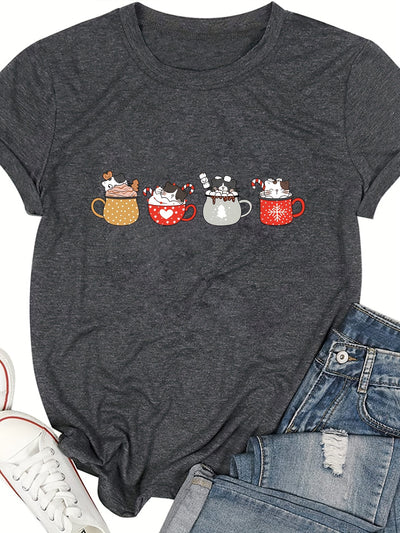 Cute and Quirky: Cup Cat Print Crew Neck T-Shirt - Casual Short Sleeve Top for Spring/Summer Women's Clothing