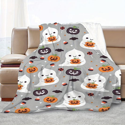 Cozy and Spooky: Halloween Flannel Blanket with Cute Cartoon Ghost, Pumpkin, and Bat Print - Perfect for Bed, Couch, or Kids' Room Decor