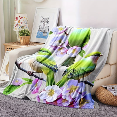 Versatile Floral and Bird Printed Flannel Blanket: Your Ultimate Nap Companion for Office, Home, and Outdoor Activities