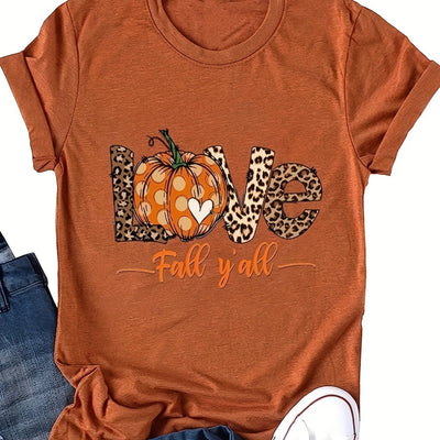 Pumpkin & Leopard Print Crew Neck T-Shirt, Casual Short Sleeve Top For Spring & Summer, Women's Clothing