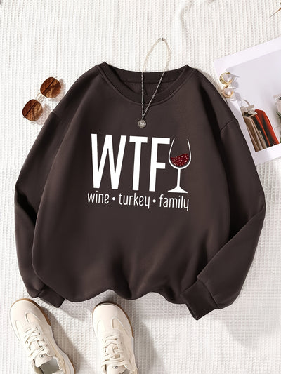 Wine Glass Letter Print Plus Size Casual Sweatshirt: Cozy and Stylish Fall/Winter Essential for Plus Size Women