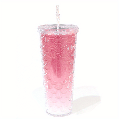 1pc Glossy Fish Scale Pattern Tumbler With Lid And Straw, Double Walled Plastic Water Bottle, Summer Winter Drinkware, Travel Accessories