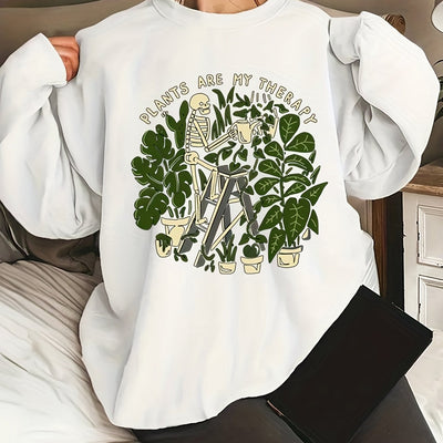 Stylish and Spooky: Women's Plus Size Halloween Casual Sweatshirt with Skull Plants Slogan Print