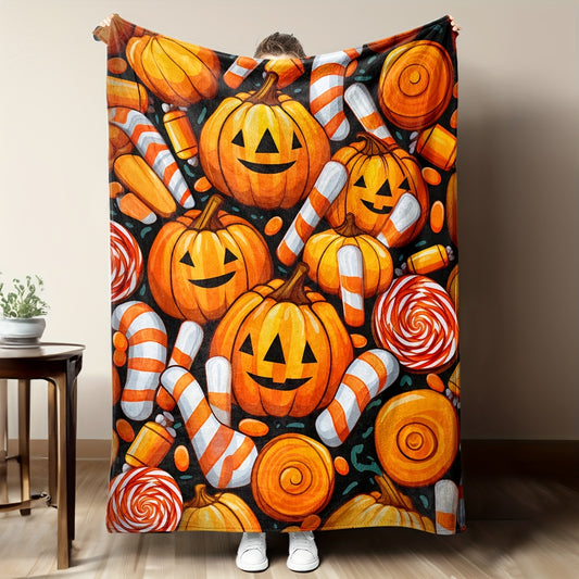 Surprise your loved ones with this cozy flannel blanket featuring a festive pumpkin and candy print. Ideal for holiday gatherings or naps by the fire, this blanket is great for all ages, providing a cozy and warm Halloween experience.