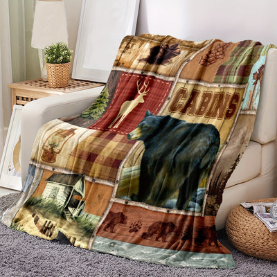 Cozy up with the Vintage Wild Bear Print Flannel Blanket: The Ultimate Soft Throw for Home, Office, and Travel