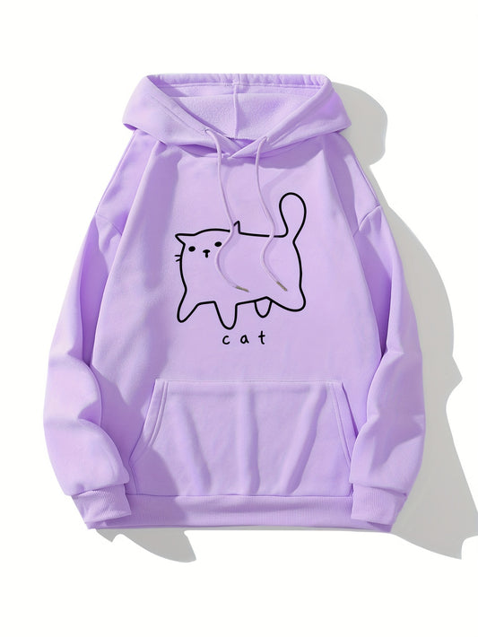 Stylish and Functional Cute Cat Print Hoodie - Women's Sweatshirt with a Versatile Drawstring Kangaroo Pocket