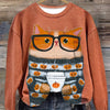 Feline Festivities: Cat Print Pullover Sweatshirt for Women's Fall/Winter Wardrobe