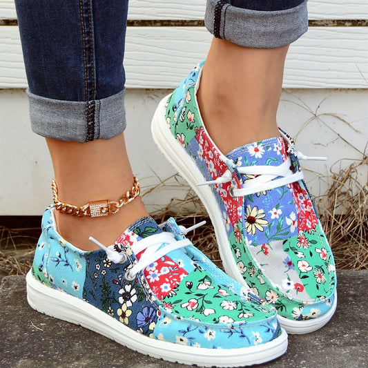Stylish and Comfortable Flower Pattern Patchwork Boat Shoes for Women: Lace Up, Anti-Slip, and Breathable Walking Footwear
