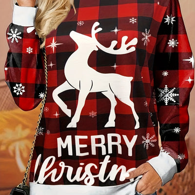 Cozy and Festive: Women's Plus Size Christmas Casual Sweatshirt with Elk Plaid Print