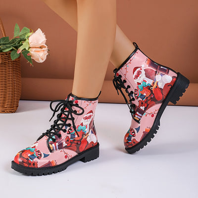 Festive Footwear: Women's Cute Santa Claus Pattern Short Boots – Lace-Up Combat Boots in Christmas Style