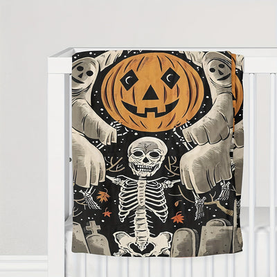 Halloween Themed Print Flannel Blanket: Get Cozy with Skulls, Ghosts, Pumpkins, and Tombstones!