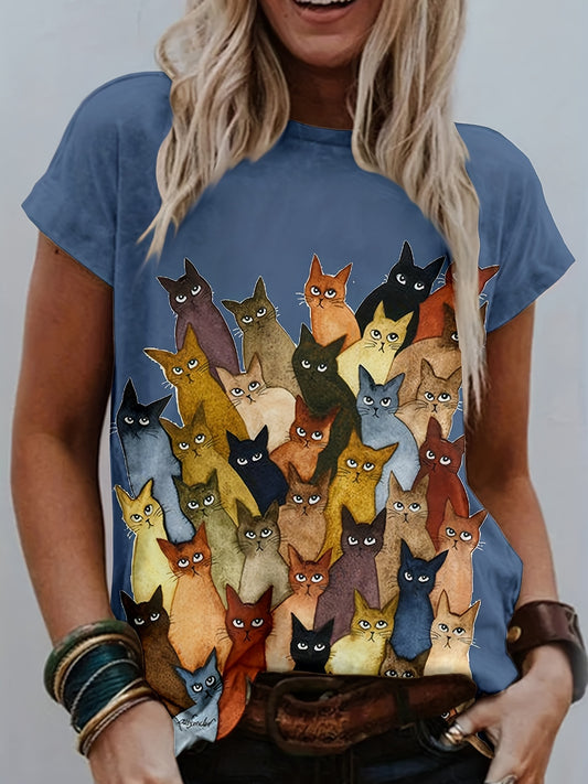 Upgrade your spring/summer wardrobe with our fashionable and comfortable cat print crew neck t-shirt! Made for cat lovers, this shirt is a must-have with its stylish design and comfortable fit. Perfect for everyday wear, you'll love the softness and versatility of this shirt. Add it to your collection today!