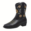 Sunflower Delight: Women's Fashionable Slip-on Cowboy Boots with Chunky Heel and Embroidered Accents