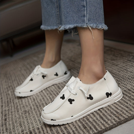 Lightweight Mickey Cartoon Print Women's Canvas Shoes, Lace-Up Closure - Fashionable and Comfortable Flat Shoes