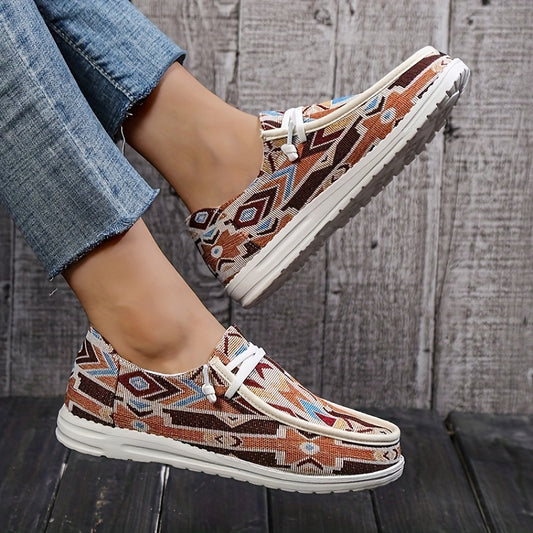 Look your best with these stylish Women's Ethnic Tribal Printed Canvas Shoes. Designed with a comfortable round toe and low top lace up sneakers, these shoes are perfect for casual walking. Crafted with a canvas material, they offer lightweight durability and lasting comfort.