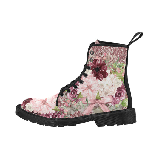Watercolor Bouquet Boots, Burgundy Martin Boots for Women