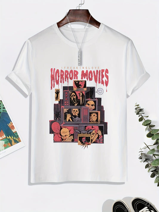 Show off your dark side in this Halloween Horror Movies Print T-Shirt. Crafted from soft cotton fabric, this men's round neck tee is perfect for the summer. With the classic design and eye-catching graphic print, the casual style is sure to make a statement.