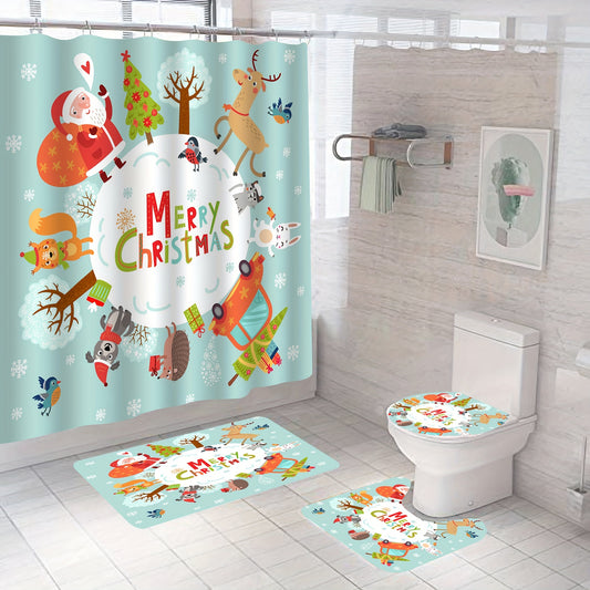 Transform your bathroom into a festive winter wonderland with the Christmas Cheer in the Bathroom 4-piece shower curtain set. This set includes a water-resistant bath curtain, a non-slip rug, a toilet U-shaped mat and a toilet cover pad—everything you need to bring the Christmas spirit into the bathroom.