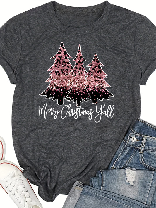 Festive Flair: Christmas Tree Print Crew Neck T-Shirt - Your Perfect Casual Short Sleeve Top for Spring/Summer