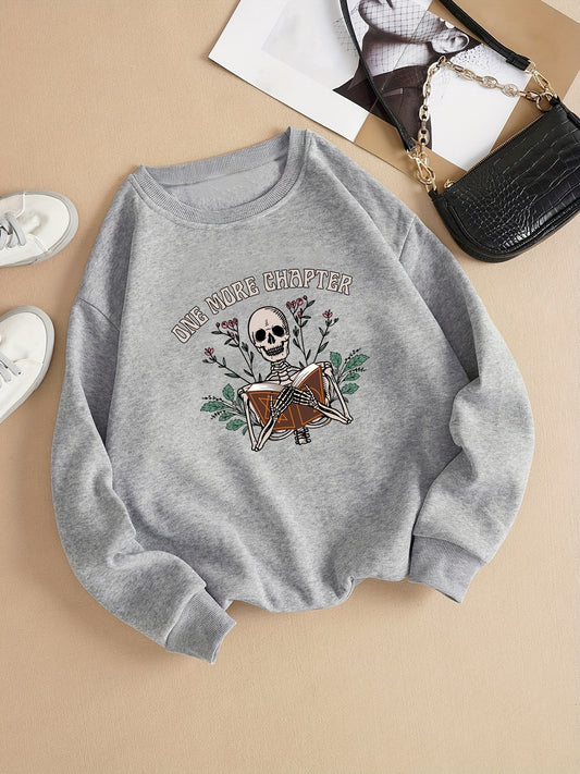 This casual crew neck long sleeve sweatshirt from One More Chapter will add unique style to any woman's wardrobe with its skull and floral print design. Crafted of premium cotton, it keeps you warm and comfortable while making a statement. Upgrade your basic look with this fashionable, yet timeless sweatshirt.