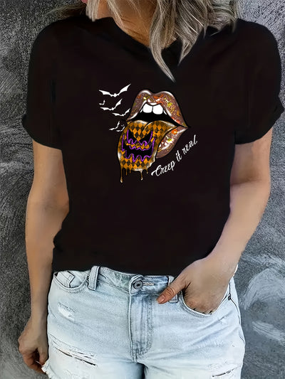 Halloween Bat Graphic and Lips Print Casual Sports T-Shirt - Perfect Women's Summer Tops!