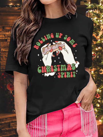 Festive and Funny: Christmas Creative Print Crew Neck T-Shirt for Women