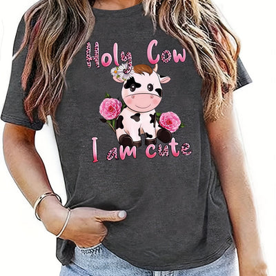 Moo-velous Pink Cow Pattern Crew Neck T-Shirt: Casual Style for the Spring/Summer Season - Women's Clothing