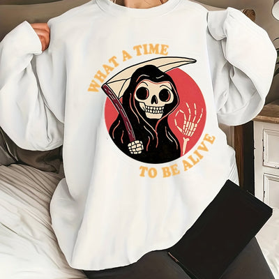 Darkly Stylish: Women's Plus Size Halloween Grim Reaper Sweatshirt with Slogan Print