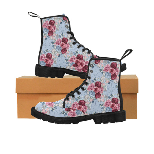 Floral Blue Boots, Burgundy Flowers Martin Boots for Women