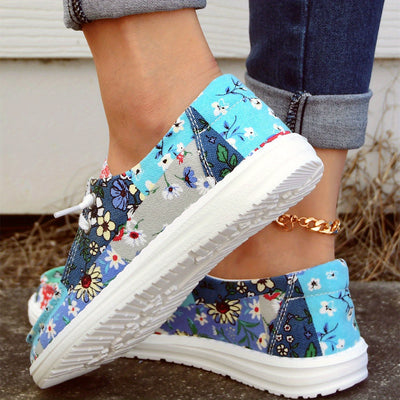 Coloful Flower Pattern Patchwork Boat Shoes for Women - Anti-Slip Lace-Up Walking Shoes