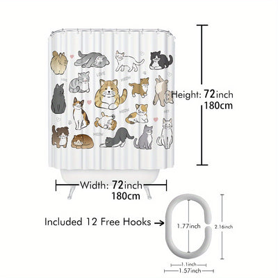 Adorable Cat Pattern Shower Curtain: Waterproof, Funny & Decorative Bathroom Accessory with Hooks