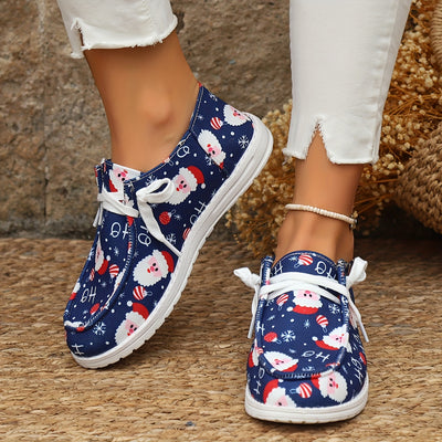 Festive Comfort: Women's Santa Claus Print Canvas Shoes - Christmas Round Toe Slip-On Loafers - Casual Low-Top Flat Sneakers