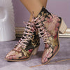 Stylish and Trendy Women's Vintage Floral Embroidered Boots: Lace-Up, Chunky Heel, Fashionable Cowboy Boots