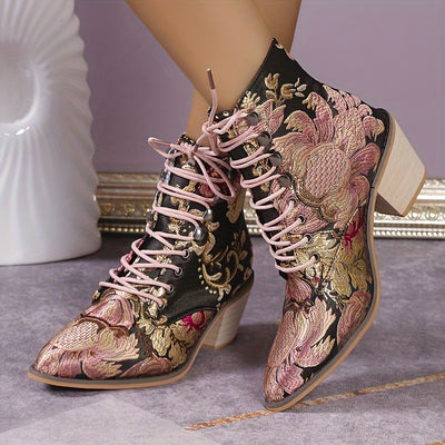 Stylish and Trendy Women's Vintage Floral Embroidered Boots: Lace-Up, Chunky Heel, Fashionable Cowboy Boots
